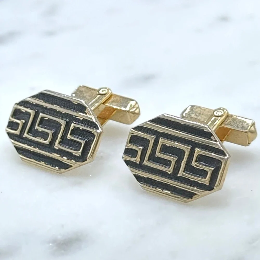 Vintage SWANK Gold Tone & Black Meander Greek Pattern Bullet Back Cufflinks